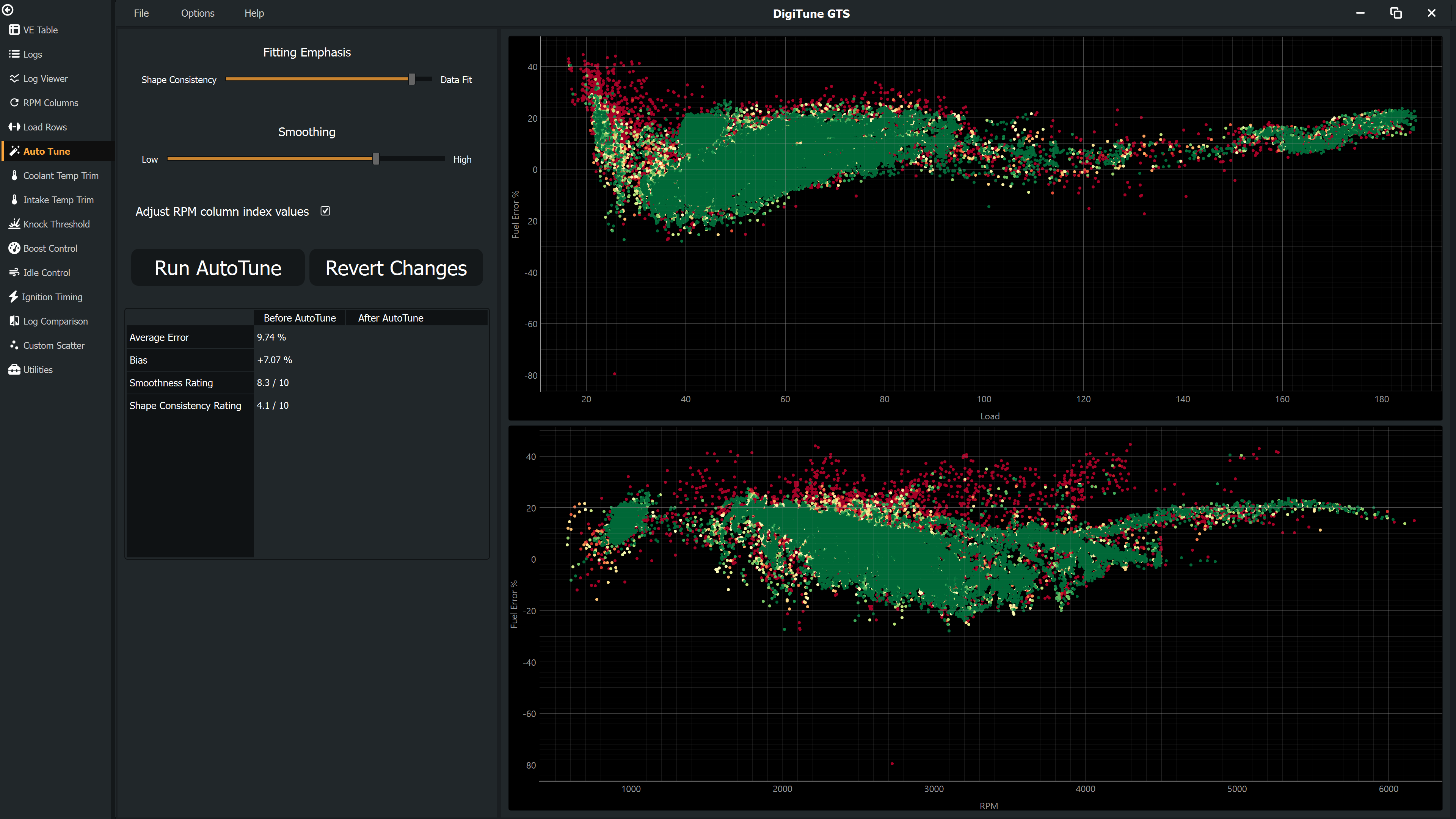 AutoTune page showing Before and After error graphs with Smoothing and Fit Emphasis sliders